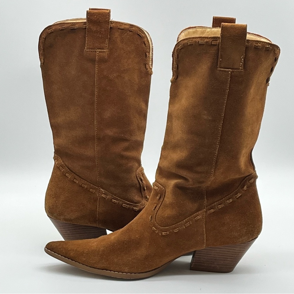 Michael Kors Brown Suede Cowboy Pull On Mid-Calf Pointed Raped Heal Boots 8M - Picture 2 of 14